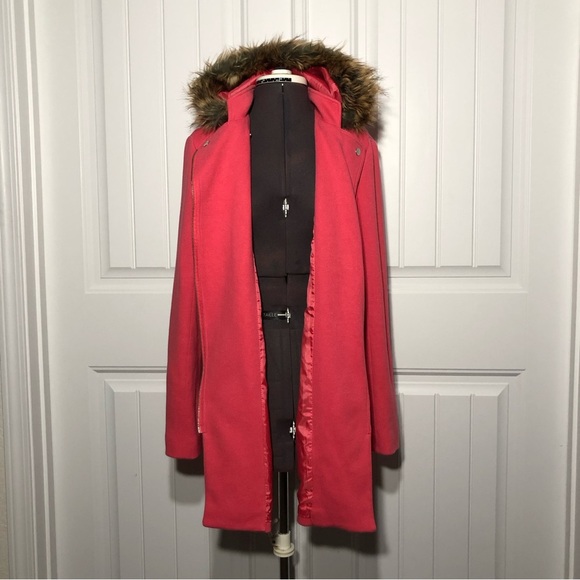 INC Long Full Zipper Lined Removable Hoodie With Fur Coral Pink Pockets Jacket M - Picture 5 of 13